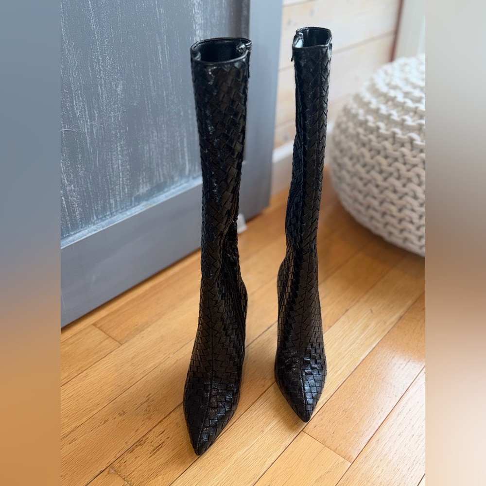 INC International Concepts Savoniap Black Woven Knee-High Boots Stiletto Heel 5 - Picture 4 of 9